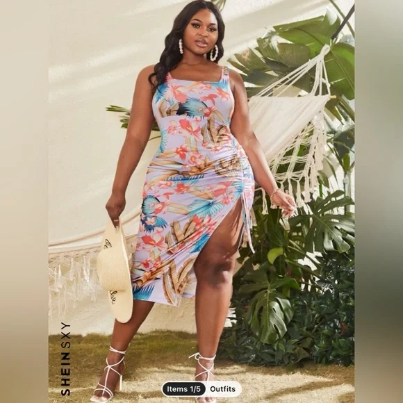 SHEIN | Dresses | Shein Sxy Plus Allover Floral Print Drawstring Ruched  Asymmetrical Hem Dress | Poshmark